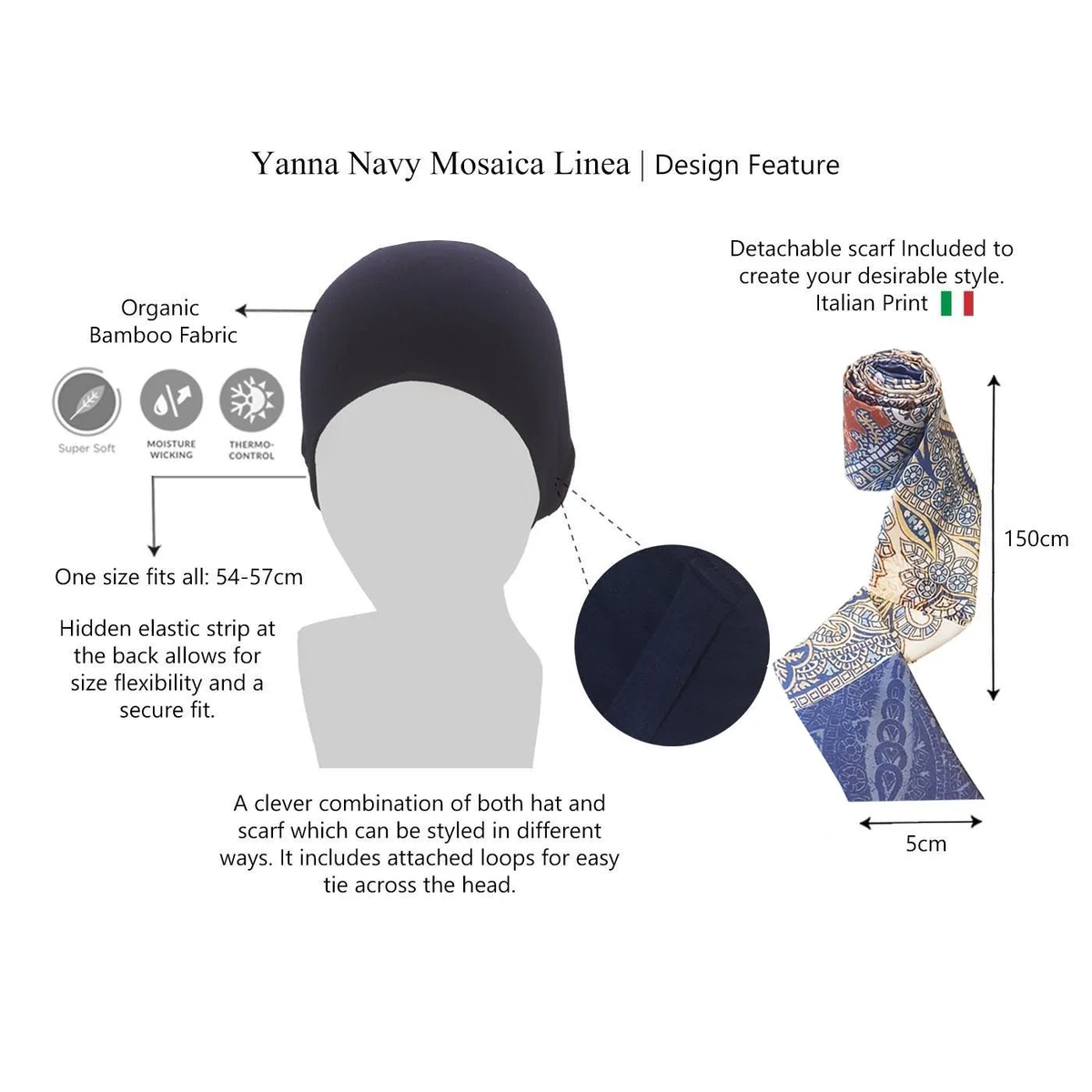 Yanna Chemo Headwear Colour Navy Mosaica Linea Details Design