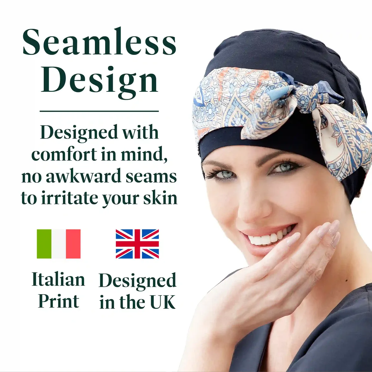 Yanna Chemo Headwear Colour Navy Mosaica Linea UK Design Italian Print