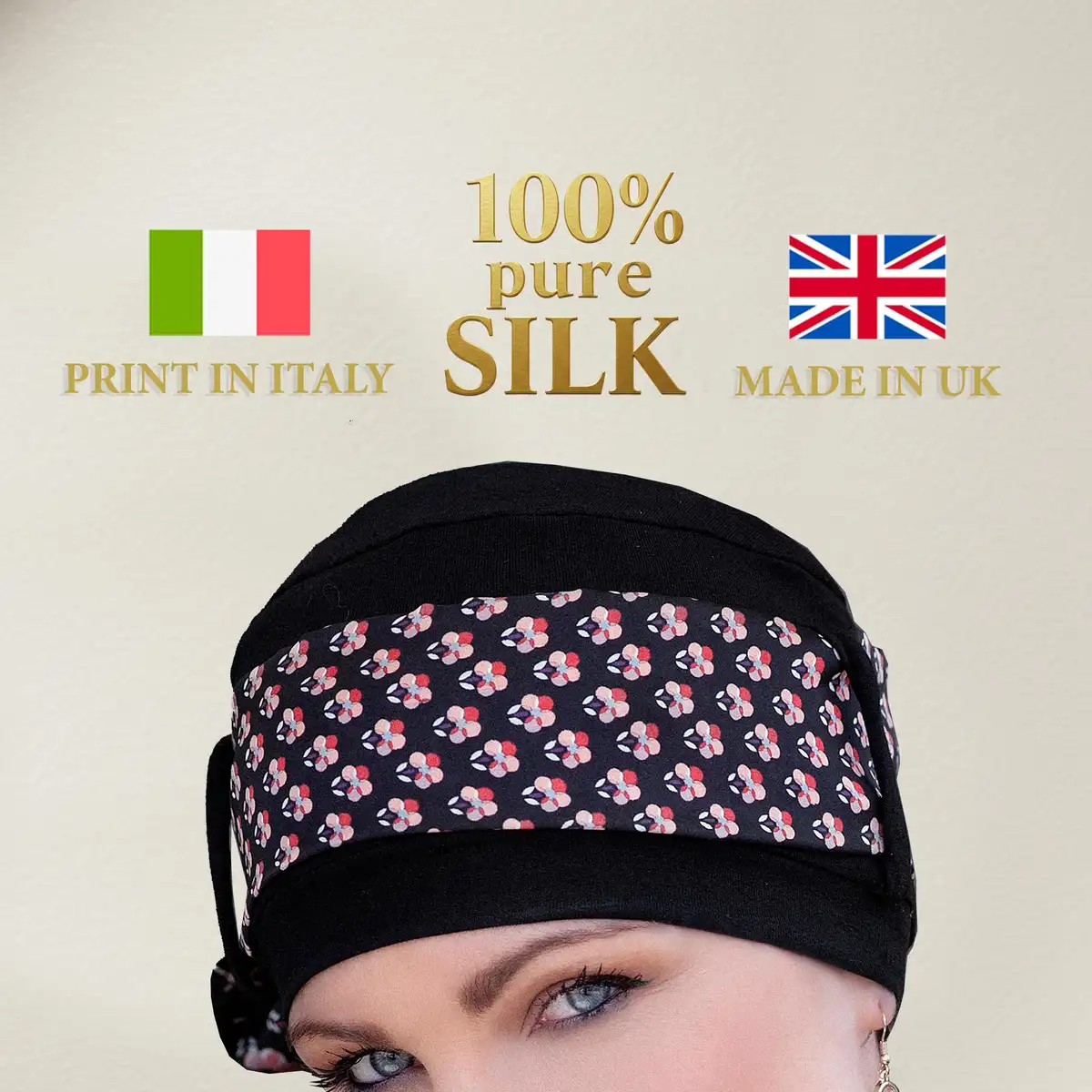 UK-designed & Made, with Italian-Printed Silk Scarf, the Yanna Chemo Headwear in Black Scarlet Florenza