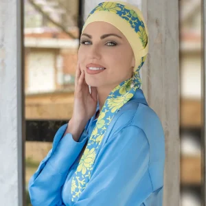 Yanna Chemo Headwear in Yellow Lotus Florenza A Woman Wearing Yanna Chemo Headwear in Yellow Lotus Florenza