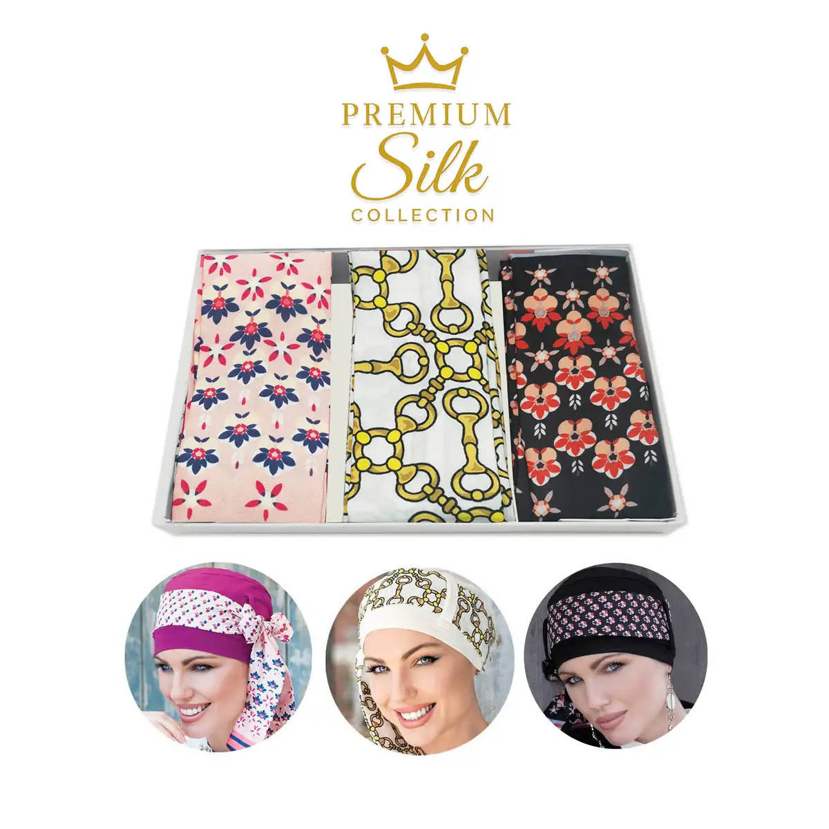 Gift Box Chiara; Luxury Gift Box Including Three Bamboo Chemo Hat and Three Silk Italian Print Scarves
